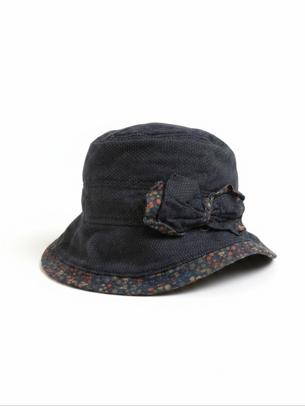 Navy Floral-Trim Asymetrical Bucket Hat